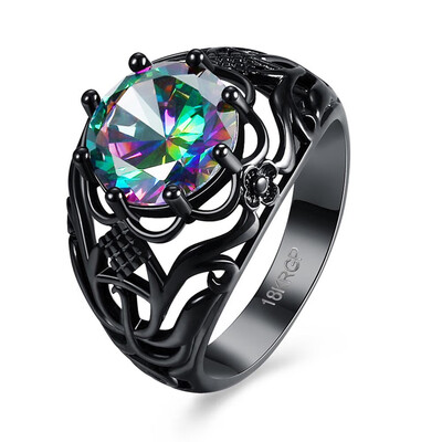 

Fashion Engagement Crystal Jewelry Vintage Black Gun Patterned Hollow Inlaid Color Round Zircon Ring