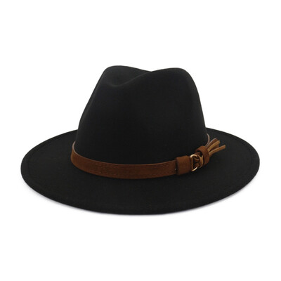 

10 Colors Unisex Women Men Felt Wide Brim Fedoras Trilby Caps With Leather Belt Buckle Band Panama Hats