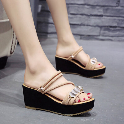 

Wedge Sandals Women Sanded Skin Korean Summer Sexy Joker Fairy Wind Slippers Thick Bottom High-heeled Shoes