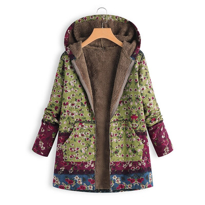 

Toponeto Womens Winter Warm Outwear Floral Print Hooded Pockets Vintage Oversize Coats
