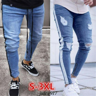 

Mens Skinny Jeans Trousers Biker Destroyed Frayed Stretch Denim Ripped Pants