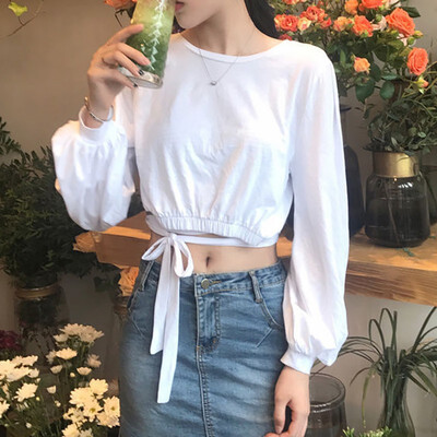 

Sexy Exposed Navel Women T-Shirt Autumn Round Collar Solid Color Long Sleeved Casual Tshirt Wild Tee Tops