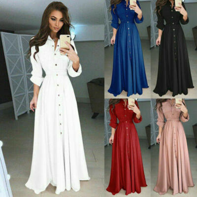 

US Fashion Womens Long Sleeve Maxi Dress Evening Party Button Dowm Shirt Dresses