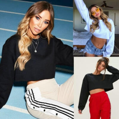 

2018 Sexy Women Simple Style Long Sleeve Exposed Navel Solid Color Short Sweatshirt