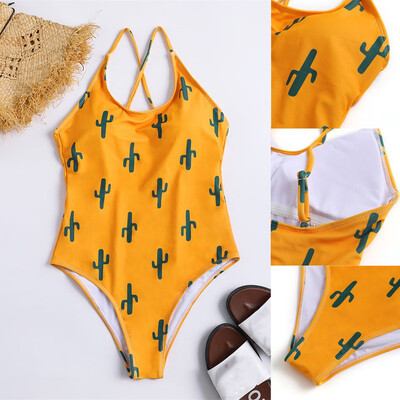 

Saidsome Women One-Piece Swimsuit Padded Bra Beach Cactus Print Strappy Bikini Swimwear