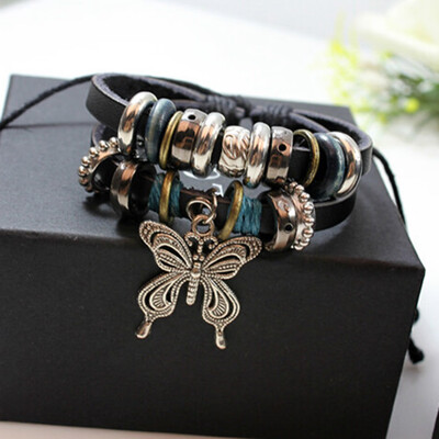 

1pc Silver Butterfly Black Leather Charm Bracelet Beads Chain Popular Jewelry