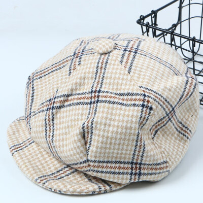 

Korean version of autumn&winter hat womens new hundred-set plaid flat-top hat British painter hat bud hat winter navy hat