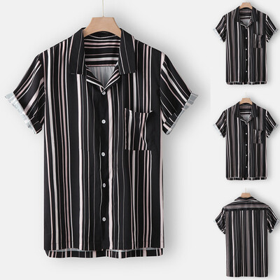 

Toponeto Fashion Mens Casual Button Hawaii Stripe Print Beach Short Sleeve Top Blouse