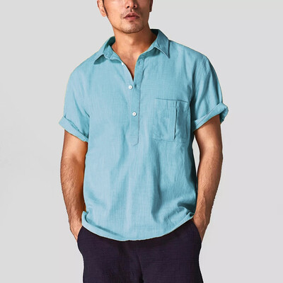 

Toponeto Mens Baggy Cotton Linen Solid Color Short Sleeve Retro T Shirts Tops Blouse
