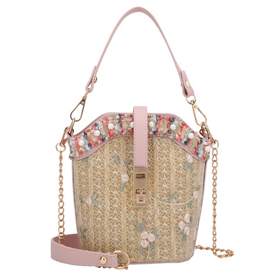 

Women Straw Bucket Bag Vintage Lace Embroid Messenger Bags 2019 Summer Beach Handbag Female Crossbody Bags T30