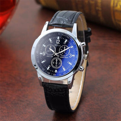 

Casual Mens Wrist Watch With Grain Leather Strap Fashionable Two-tone Watch With Sub-dials