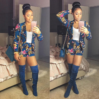 

Fashion Women Floral Printed Blazer Set Long Sleeve Two Piece Track Suits Tops Short Pants Blue