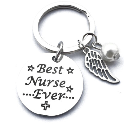 

Nurses Day Gift Fashion Pearl Keychain Key Chains Rings Heart Pendant Jewellery Best Nurse Ever Angel Wings Keychain