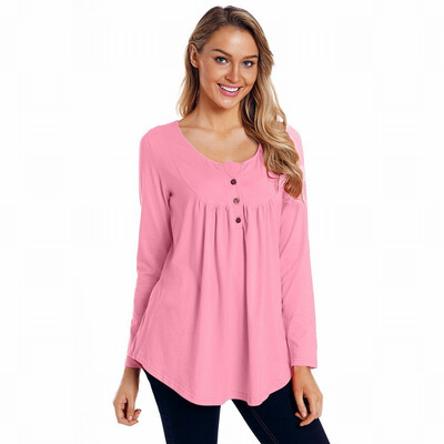 

Solid color V-neck button long-sleeved womens T-shirt casual slimming shirt