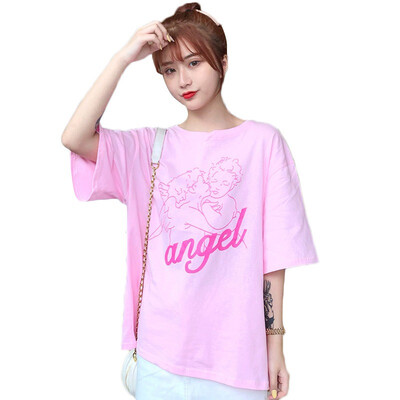 

Women Summer Fashion Round Collar Cartoon Print Loose Short Sleeve Cotton Regular Sleeve Casual T-Shirt Simple Wild Tops