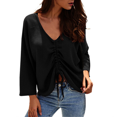 

V-Neck Lady Fashion Sweater Pullover Women Long Sleeve Autumn Sexy Drawstring Sweaters Solid Color Loose Jumper Clothes
