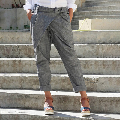 

Women Casual Loose Plus Size Pure Color Pocket Bandage Pants Linen Trousers