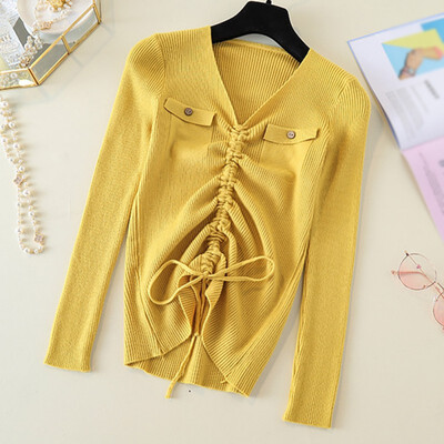 

Sweet Drawstring Women Sweater Summer Autumn New Simple Solid Color Sweater Fashion V-Neck Loose Long Sleeve Sweater Tops