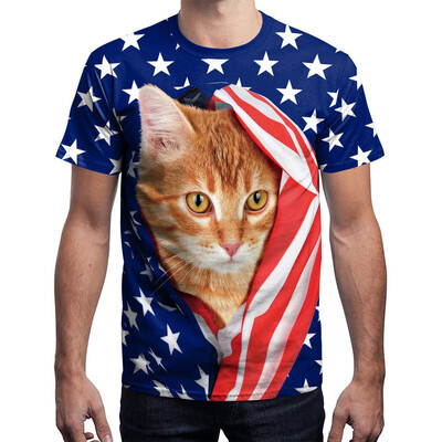 

Toponeto New Men USA Flag T-shirt Sexy 3d Print Short Sleeve Shirt Striped Cat Tops Tees