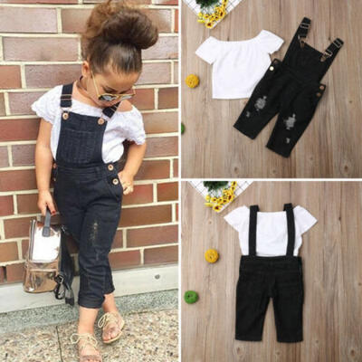 

US 2PCS Toddler Kids Baby Girls Lace Tops Denim Bib Pants Outfits Clothes Summer