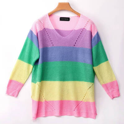 

Fashion Women Off Shoulder Knitted Sweater Rainbow Stripe Color Long Sleeve Loose Casual Irregular Pullover Sweaters