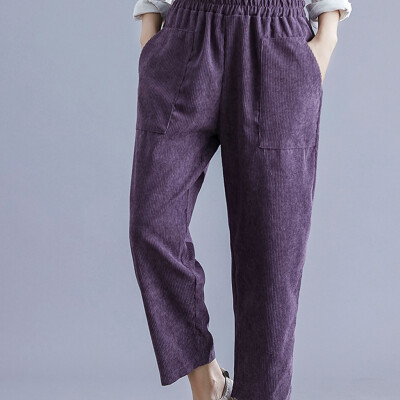 

Tailored Womens Elastic Waist Cotton Linen Cropped Nine pants Ladies Casual Pocket Pants