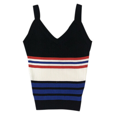 

Women Summer Vintage Sexy Casual Concise Slim Fit Sleeveless V-neck Stripe Knitwear Top