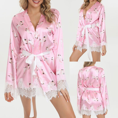 

Gobestart Sexy Lingerie Women Printing Robe Satin Bathrobe Sleepwear Pajamas Bridal Gown