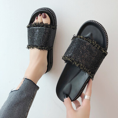 

Sandals women summer full drill muffin bottom toe word thick bottom drag lazy flat outdoor womens sandals