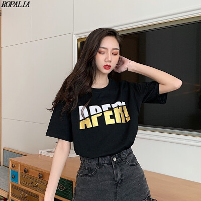 

Womens Korean Style Round Neck Bronzing Letters Short Sleeve Simple Loose T-Shirt