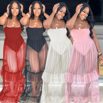 

UK Women Sexy See Through Sleeveless Frill Maxi Dress Mesh Sheer Party Club Wear