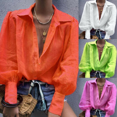 

US Womens Long Sleeve White Shirt Casual Loose Tunic Tops Button Down Tee Blouse