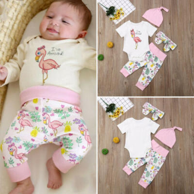 

4PCS Newborn Baby Girl Flamingo Romper Tops Pants Leggings Hat Outfits Clothes