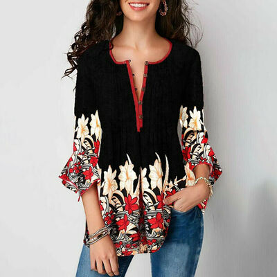 

Womens Boho Floral Print Loose Shirt Basic Tunic Tops V Neck Baggy Summer 34 Sleeve Blouse Plus Size