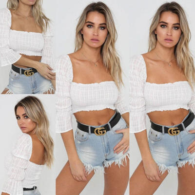 

Women&39s Lace up Bandage Off Shoulder Long Sleeve T-Shirt Crop Tops Blouse Shirt
