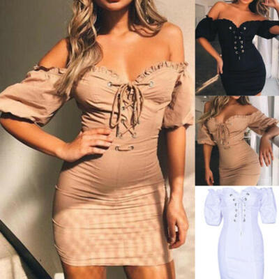 

Womens Summer Short Sleeve Dress Party Beach Short Off- Shoulder Sundress