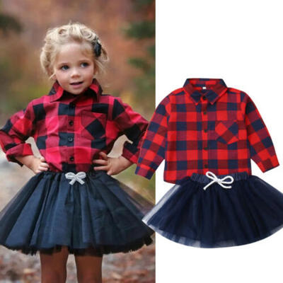 

CA Toddler Kids Baby Girl Clothes Long Sleeve Plaid ShirtTulle Skirt Outfit Set
