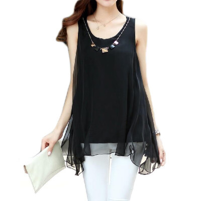 

New Fashion Women Chiffon Blouse Candy Color Sleeveless Irregular Hem Loose Tank Tops Rose