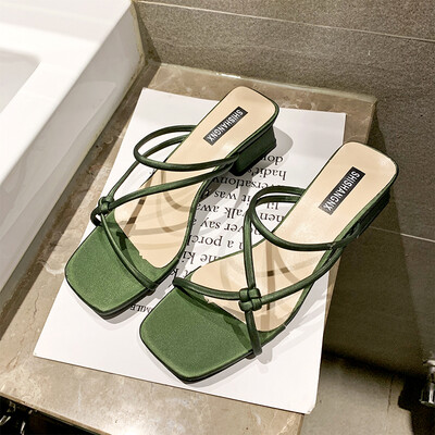 

Rough-heeled Two-Wear LadiesSandals Summer Fairy Wind Mid-heeled Slippers&Evening Shoes