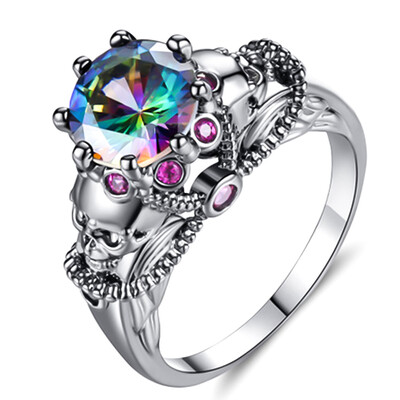 

Punk Colorful Zircon Black Gold Color Skull Ring For Women Party Jewelry Promise Crystal Halloween Decor Gifts