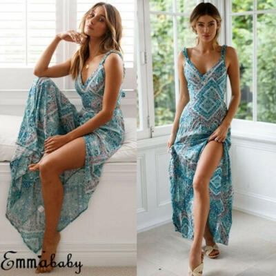 

Women Boho Casual Long Dress Summer Sleeveless Backless Beach Evening Cocktail Party Dress Sundress