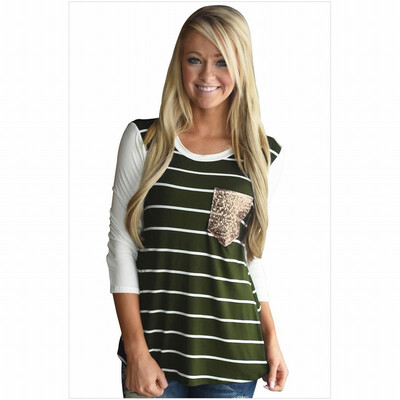 

Round neck cropped sleeves with sequined pockets casual straight top