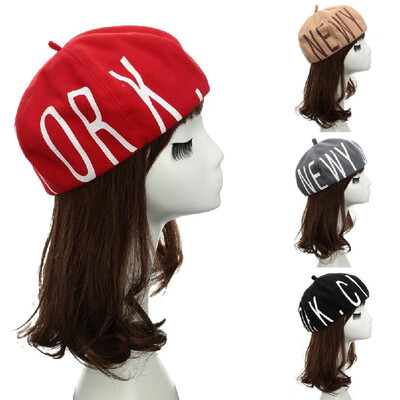 

New Fashion Women Beanie Letter Print Round Crown Felt Painter Hat Beret Cap Headwear