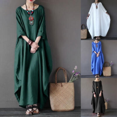 

Women Crewneck 34 Batwing Sleeve Baggy Maxi Long Shirt Dress Casual Party Kaftan Solid Robe Vestido Plus Size