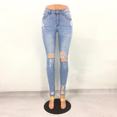 

Women Jeans Stretch Washed Denim Ripped Holes Mid Waist Distressed Sexy Skinny Pencil Pants Light Blue