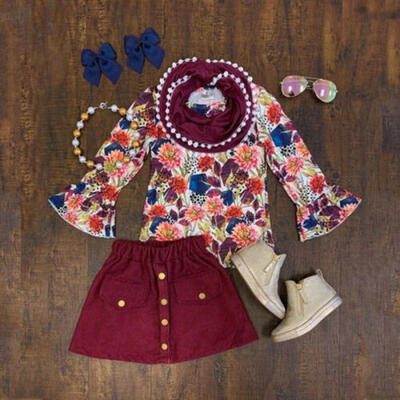 

Toddler Kids Baby Girls Floral Long Sleeve Top T-shirtButton Skirt Outfits Set