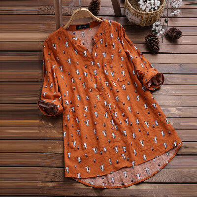 

Starmoon Womens Casual V-Neck Printed Cat 34 Sleeve Irregular Vintage Shirts Blouse Top