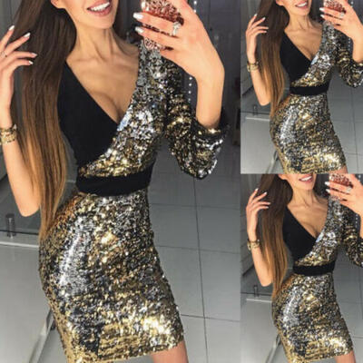 

AU Women Sexy V Neck Sequin Splice Bodycon Clubwear Party Cocktail Evening Dress