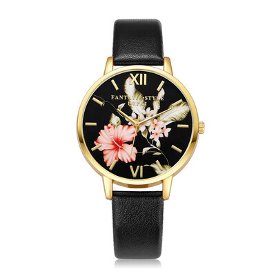 

Featured Womens Watches Scale Golden Border Dial Ladies Quartz Wristwatch Flower Pattern Leather Strap Clock Reloj Mujer
