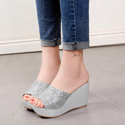 

Rose Women Fashion Sexy Bling Wedges High Heel Round Toe Slippers Flip Flop Shoes